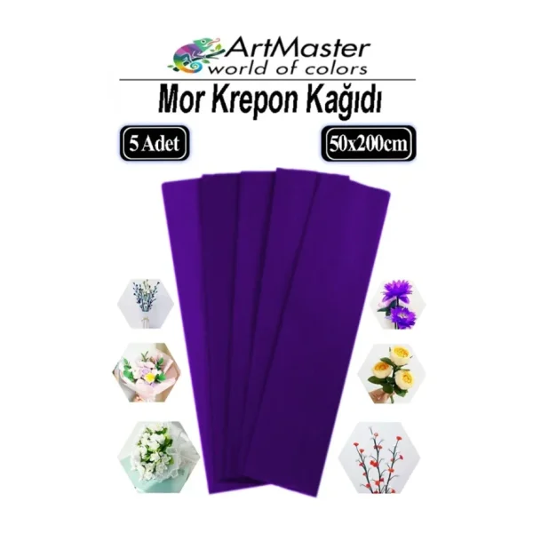 ArtMaster Krapon Kağıdı Mor Renk 5 Adet 50X200 cm Grapon Kağıdı 5'li Okul Proje Sınıf Anaokulu Kreş Süsleme - 50x200cm - Standart