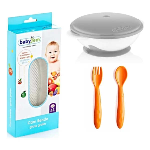 Babyjem Cam Rende + Vakumlu Mama Tabağı Gri + Mama Kaşık Çatal Takımı Sarı