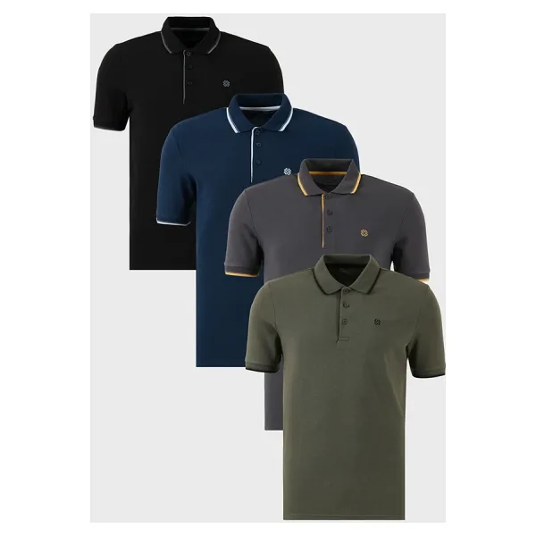 Buratti Pamuklu Slim Fit Şerit Detaylı Düğmeli Polo Yaka 4'lü Paket Erkek T Shirt 5902118S4 Siyah-Antrasit-Haki-İndigo