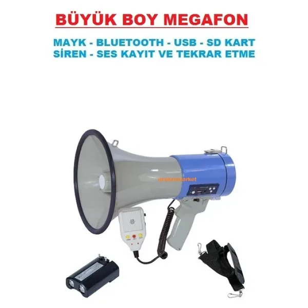 Büyük Boy Megafon (Mayk - Bluetooth - USB - Sd - Siren - Ses Kayıt ve Tekrar Etme)