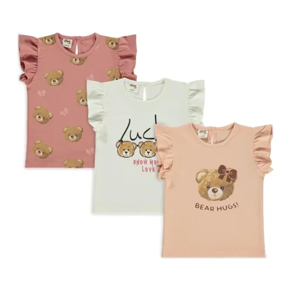 Civil Baby Kız Bebek 3'lü Tişört Set 6-18 Ay Somon
