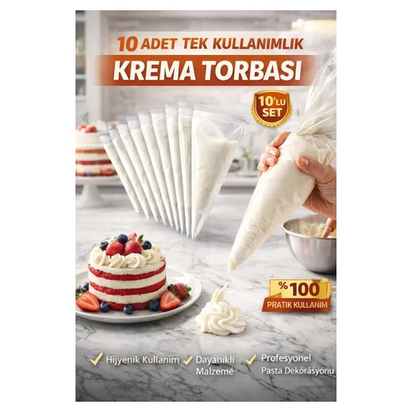 Enjoy Party Store 10 Adet Tek Kullanımlık Krema Sıkma Torbası Pasta Süsleme Torbası Şeffaf Krema Torbası Pasta & Tatlı