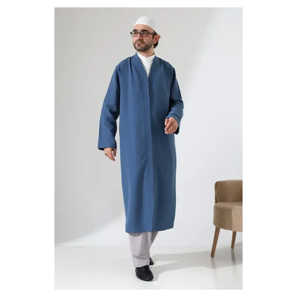 Erkek Namaz Elbisesi Buhara Yaka Cepli Namaz Cübbesi Mavi- Sfa Mavi