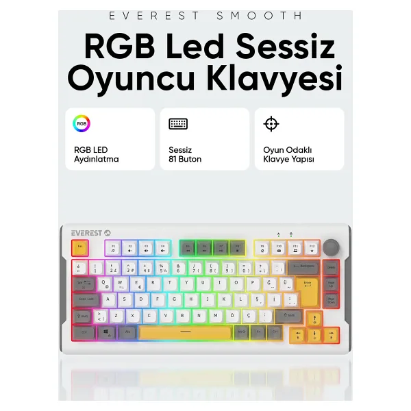 Everest Membran Sessiz Rgb Aydınlatmalı Q Mavi/Turuncu Gaming Klavye