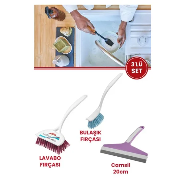 Flora 3 Lü Trendy Temizlik Seti, F367 Bulaşık Fırçası + F388 Lavabo Küvet Fırçası + F009 Camsil Seti