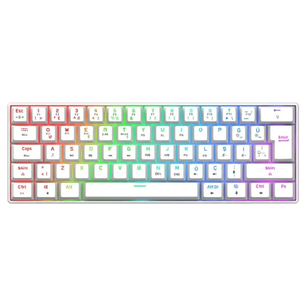Gravion Kyra MK61 Rgb Mekanik Gaming Oyuncu Klavye 61 Tuş, Kablosuz Bluetooth + 2.4g + Kablolu, Red Switch, 2000MAH - Beyaz