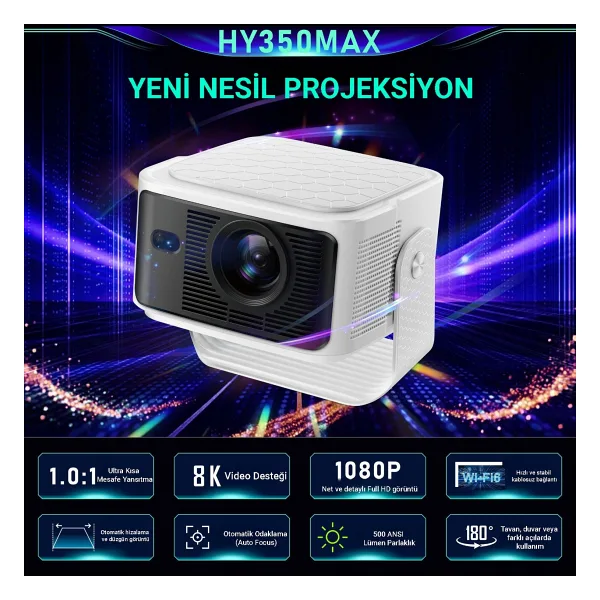 İdragon Hy350max Android 14 Akıllı Projeksiyon Cihazı 1080p Full Hd 500 Ansı Lümen Wifi 6 Bluetooth 5.4 Auto Focus Ultra Kısa Mesafe 4k/8k Destekli Mini Projeksiyon