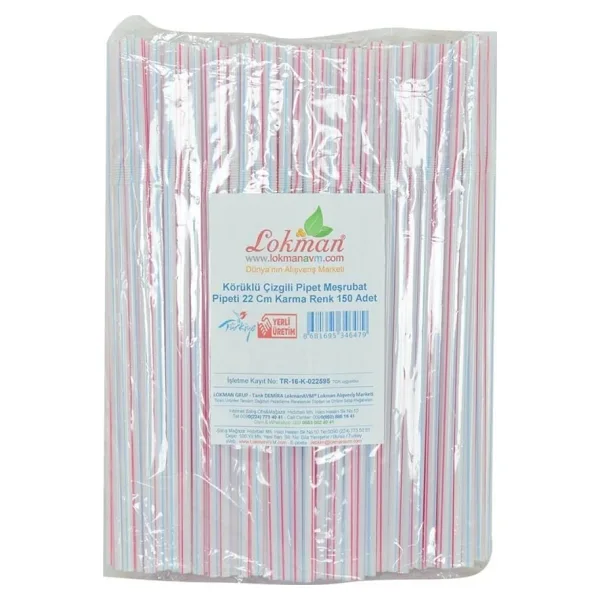 LokmanAVM Körüklü Çizgili Pipet Ayran Kola Meşrubat Pipeti 22 Cm Karma Renk 150 Adet Paket
