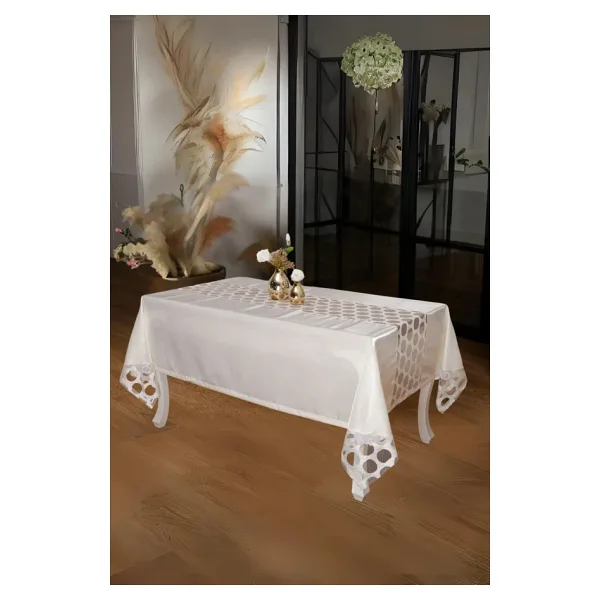 Miranda Lüx Dantelli Monoray Kumaş Krem Masa Örtüsü 170x230 Cm 1005