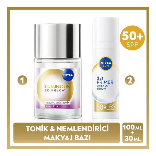 Nivea SUN SPF50 Primer Nemlendirici Makyaj Bazı 30ml ve Luminous630 Skin Glow Peeling Etkili Tonik 100ml