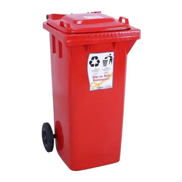 Sağlam Plastik Çöp Ve Atık Konteyneri 120 Lt Tekerlekli Kırmızı