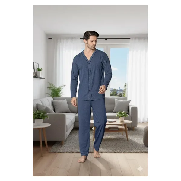 Sude Homewear Erkek Petrol Mavisi Uzun Kollu Önden Düğmeli Süprem Kumaş Pijama Takımı