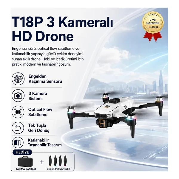 T18p 3 Kameralı 4K Hd Drone, Engel Sensörlü Katlanabilir Akıllı Drone, Optical Flow