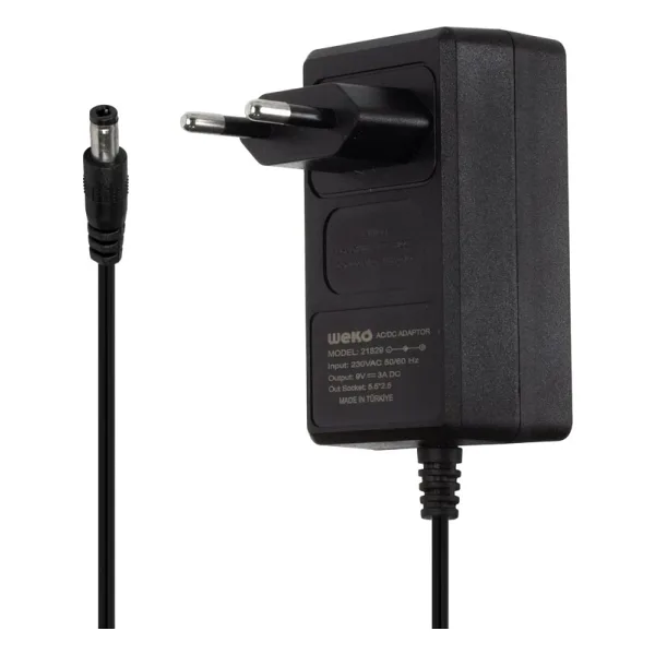 WEKO 9 VOLT - 3 AMPER PRİZ TİPİ PLASTİK KASA ADAPTÖR 5.5x2.5 UÇ YERLİ ÜRETİM