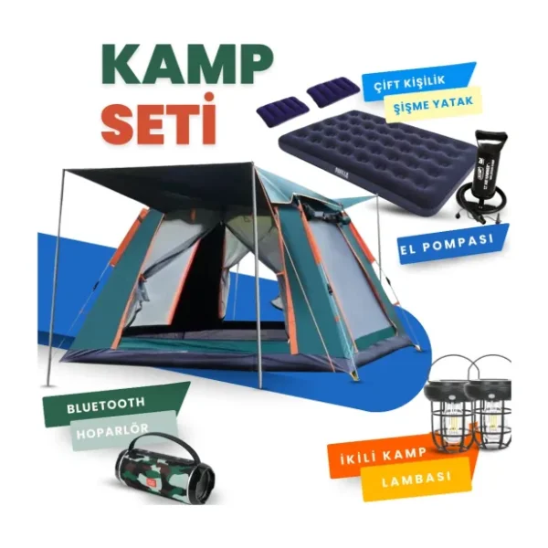 Yussraw 2-4 kişi kamp çadırı seti taşınabilir otomatik 200x200x145 +lamba+yatak+yastık+pompa+hoparlör