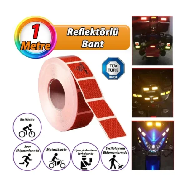 1 Mt Reflektörlü Reflektif Fosforlu Araç Oto Kamyon Şerit Bant Tüvtürk Onaylı Kesikli Kırmızı İkaz Bandı