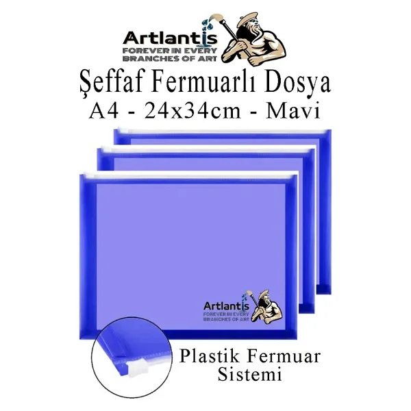 A4 Şeffaf Fermuarlı Dosya Mavi 3 Adet Pvc Fermuarlı Evrak Dosyası 24X34cm Çıtçıtlı Belge Evrak Dosyası Ofis Büro Okul