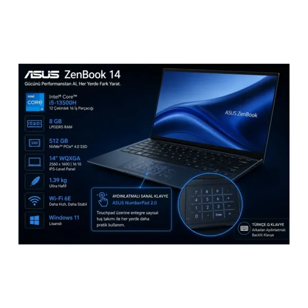 Asus ZenBook 14 UX3402VA-KP659W i5-13500H 8 GB 512 GB SSD Iris Xe Graphics 14" W11H WQXGA Notebook