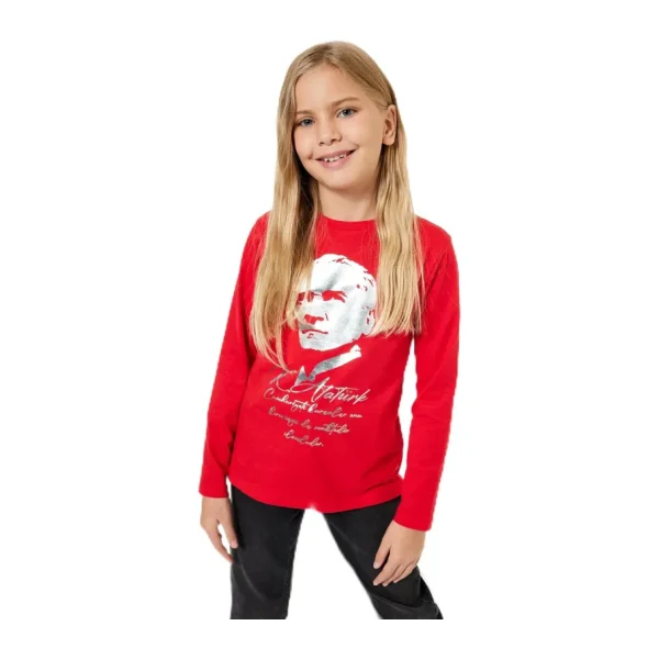 Atatürk Baskılı Tişört Uzun Kollu Bisiklet Yaka Pamuklu