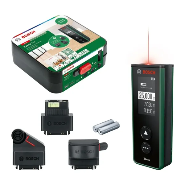 Bosch Home Garden Zamo Set Lazerli Uzaklık Ölçer (25m Çalışma Alanı, 4 sn. Ölçme Süresi, 2 x AA Pil, Çizgi Adaptörü, Tekerlek Adaptörü, Şerit Adaptörü, Saklama Kutusu)