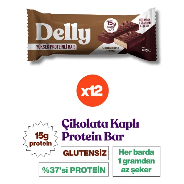 Delly Cappuccino Aromalı Çikolata Kaplı Yüksek Proteinli Bar 40 gr 12'li