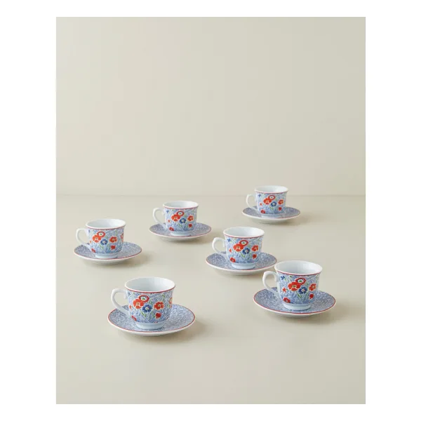 English Home Vireo Porselen 12 Parça 6 Kişilik Kahve Fincan Takımı 80 ml Mavi-Kırmızı - Mavi - Kırmızı