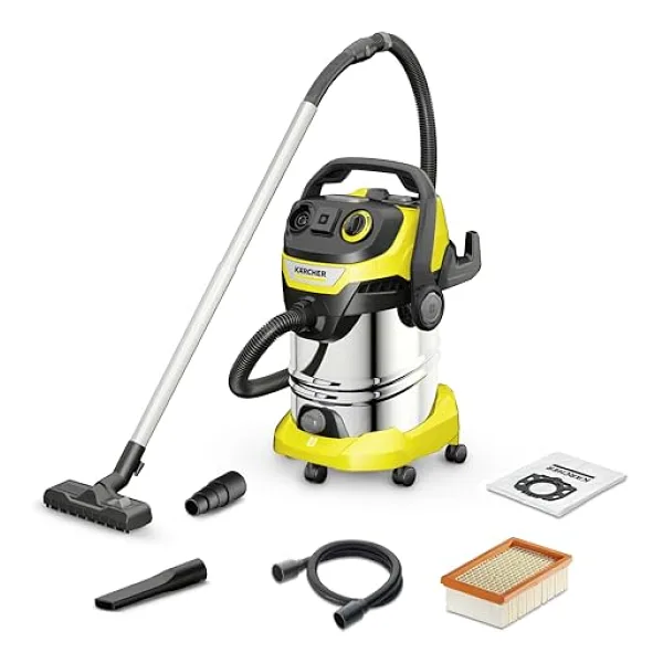 Karcher Islak ve Kuru Süpürge WD6PSV-30/6/22/T, Üfleme Fonksiyonu, 1300W, 30 Litre Paslanmaz Çelik Hazn, 2.2 Metre Hortum, Priz, Alet Hortumu, Adaptör, Zemin ve Derz Başlığı Dahil, Siyah/Sarı