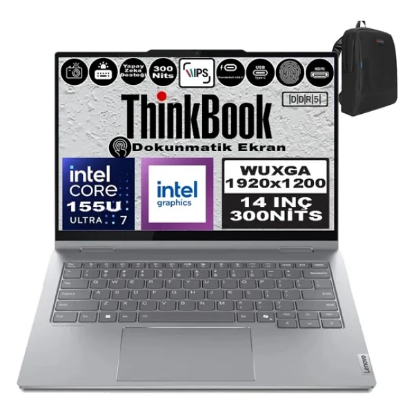 Lenovo Thinkbook 14 2-In-1 G4 Iml Intel Core Ultra 7 155U 64GB Ddr5 4tb SSD 14" Dokunmatik Wuxga 300NITS IPS Windows 11 Home Taşınabilir Bilgisayar 21MX002VTRH24 + Zetta Çanta