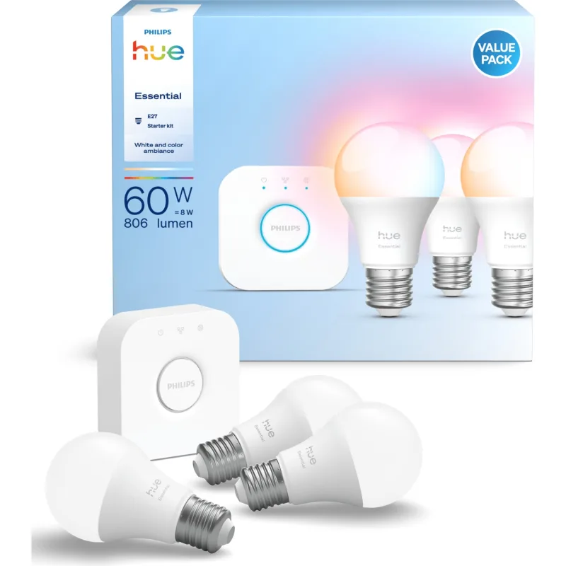 Philips Hue Essential 806 8 W-60 W E27 3'lü Akıllı LED Ampul + Bridge Başlangıç Seti
