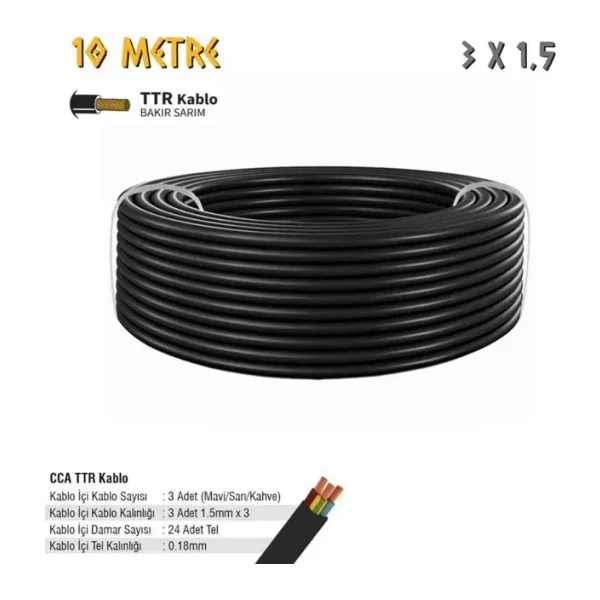 SGS Elektrik Tesisat Kablosu - 3x1.5 CCA TTR 24x0.18 - Siyah - 10 mt.