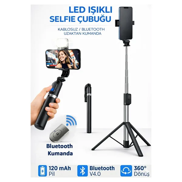 Tech&bello accessories Led Işılklı Selfie Çubuğu Tripot Bluetooth Kumandalı Kablosuz Selfie Stick Taşınabilir