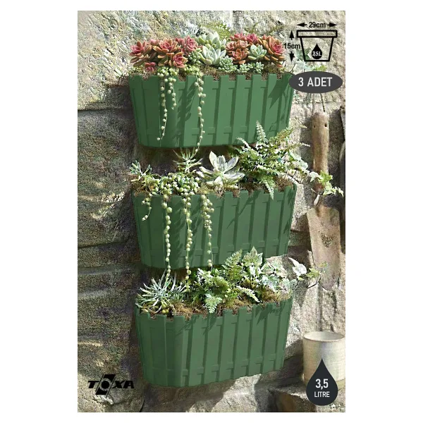 ToXA 3 Adet Akasya Duvar Saksısı Seti 3,5 Litre 30cm Drenajlı Bahçe Balkon Plastik Çit Saksı Set