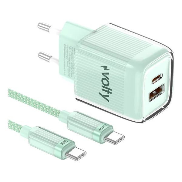 Volty Hızlı Şarj Adaptörü 35W Gan + Type-C Kablo 60W Pd Usb-C & Usb-A, Laptop & Telefon (YEŞIL-V0102022)