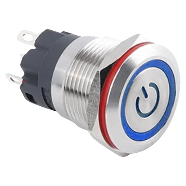 WD19A-P1-EC 19mm Düz Yaylı Işıklı Power Metal Buton - Mavi