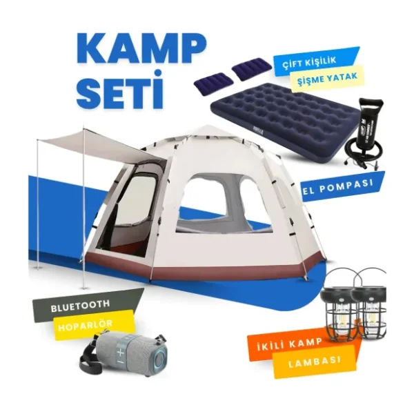 Yussraw 4-8 Kişi 6 Gen Kamp Çadırı Seti Taşınabilir Otomatik 280x280x158 +Lamba+Yatak+Yastık+Pompa+Hoparlö
