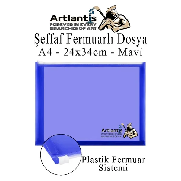 A4 Şeffaf Fermuarlı Dosya Mavi 1 Adet Pvc Fermuarlı Evrak Dosyası 24x34cm Çıtçıtlı Belge Evrak Dosyası Ofis Büro Okul
