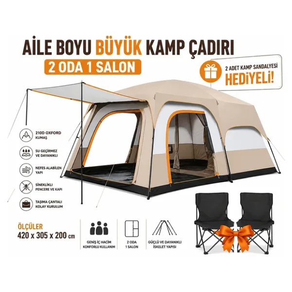 Aile Boyu Büyük Kamp Çadırı (2 Oda 1 Salon) + 2 Kamp Sandalyesi Hediyeli 420 X 305 X 200 Cm