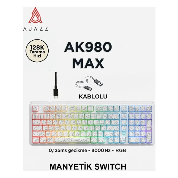 Ajazz AK980 Max HE Contour Beyaz RGB Magnetic Frost Switch Kablolu Mekanik Oyuncu Klavyesi