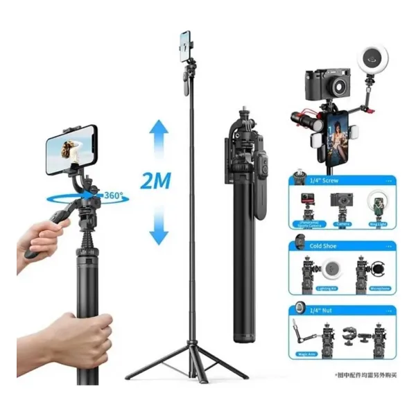 Asfal 205 cm Profesyonel Selfie Çubuğu Bluetooth Kumandalı Taşınabilir 360° Dönen Sağlam Tripod