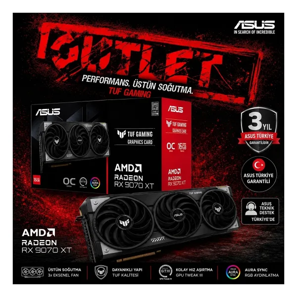 Asus RX 9070 TUF Gaming OC Edition TUF-RX9070-O16G-GAMING 256 Bit GDDR6 16 GB Ekran Kartı