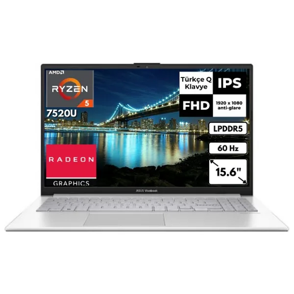 Asus Vivobook Go 15 R5 7520U 8 GB 256 GB SSD Radeon Graphics 15.6" Fhd Windows 11 Home E1504FA-NJ115AT6