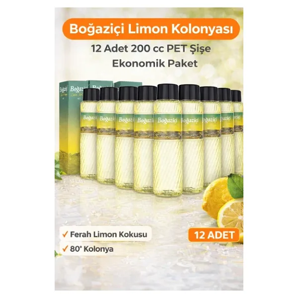 Boğaziçi Limon Kolonyası 200 Cc Pet Şişe 12 Adet 80° Limon Kokulu Kolonya Ekonomik Çoklu Paket