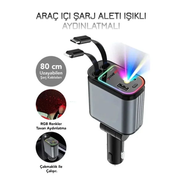 Dynego 66W Akıllı Araç Şarjı Led Aydınlatmalı 4 in 1 Çift Kablolu Şarj Aleti 3.4 A Araç İçi Çakmaklık