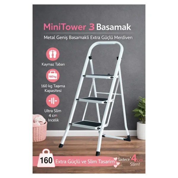 Ertekpa Minitower 3 Basamaklı Metal Merdiven - Ekstra Güçlü 160Kg Kapasiteli Beyaz