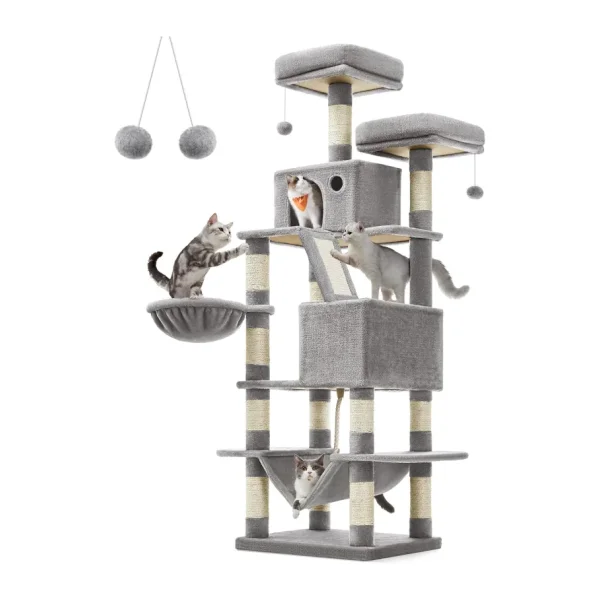 Feandrea tırmalama ağacı, büyük, 168 cm yüksekliğinde, L kedi ağacı, 13 tırmalama sütunu, 2 platform, 2 mağara, sepet, hamak, peluş toplar, çok katlı kedi tırmalama ağacı, açık gri PCT165W01