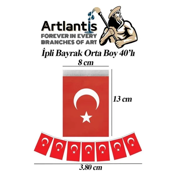 İpli Bayrak Orta Boy 40'lı 8x13cm 1 Paket Türk Bayrağı Kağıt İpli Sıralı Ayyıldız Bayrak Sınıf Süsü Okul Bayram