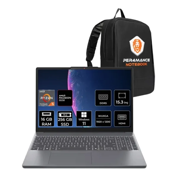 LENOVO IdeaPad Slim 3 Ryzen 5 7535HS 16GB 256GB SSD 15.3 WUXGA W11H Dizüstü Bilgisayar & PER4 Çanta