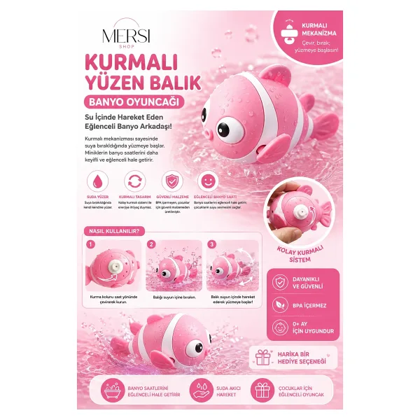 Mersi Shop Kurmalı Yüzen Balık Banyo Oyuncağı Su Içinde Hareket Eden Bebek ve Çocuk Banyo Oyuncağı - Pembe