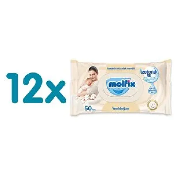 Molfix İzotonik Sulu Yenidoğan 50 Yaprak 12'li Paket Islak Mendil