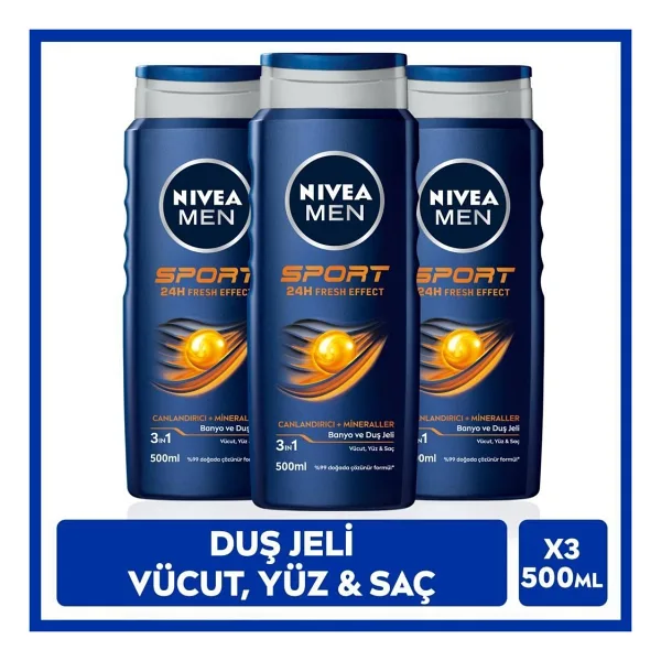 NIVEA Men Erkek Canlandırıcı Banyo Ve Duş Jeli Sports 500ml, Vücut Yüz Saç, Yenileyici Mineral, X3 Adet